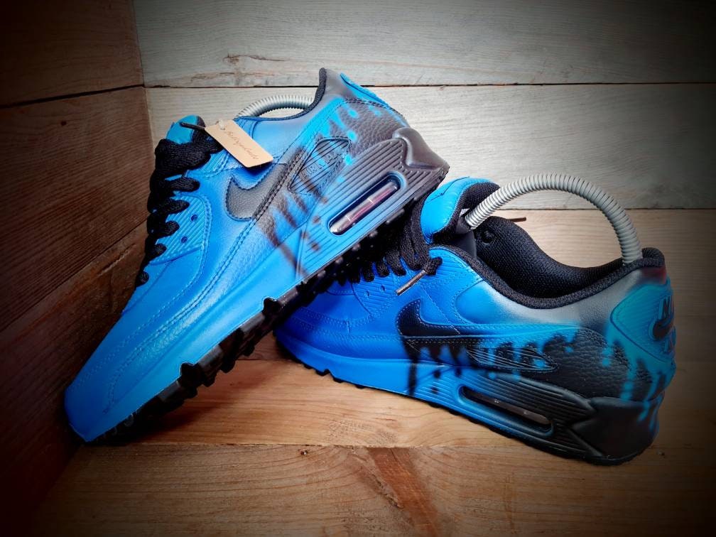 Custom Painted Air Max 90/Sneakers/Shoes/Kicks/Premium/Personalised/Black Fade-Blue