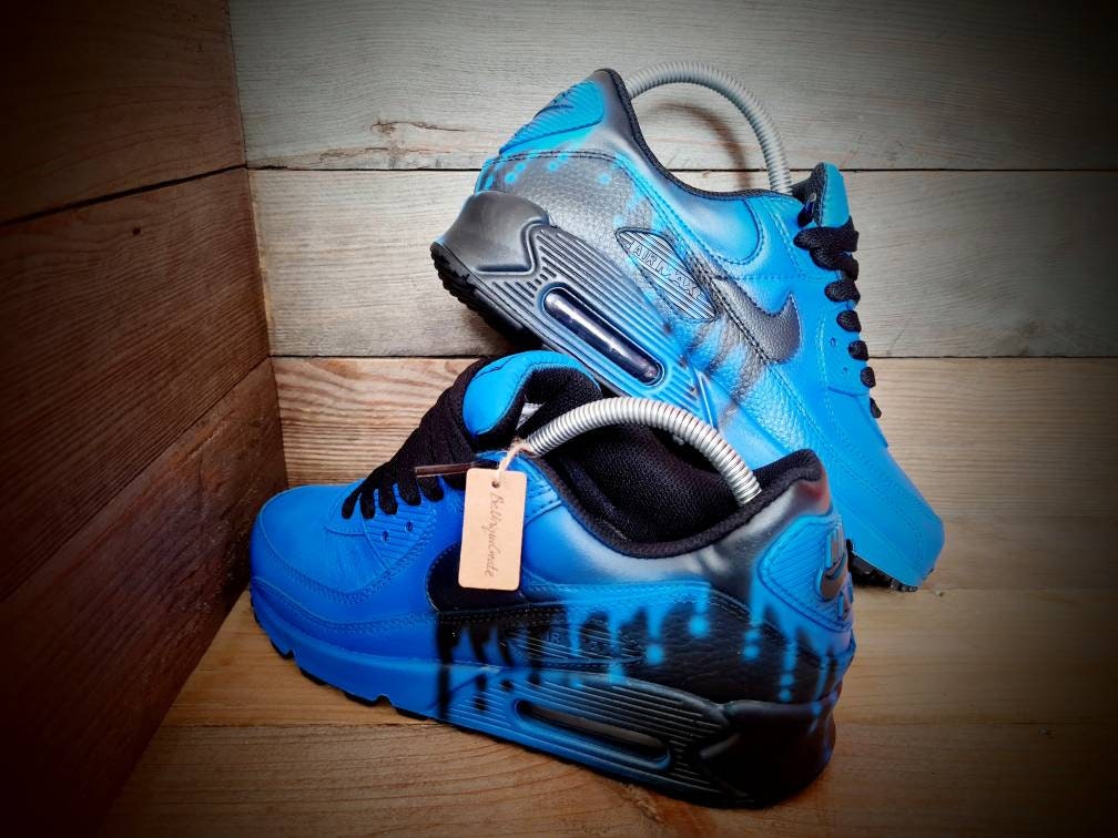 Custom Painted Air Max 90/Sneakers/Shoes/Kicks/Premium/Personalised/Black Fade-Blue